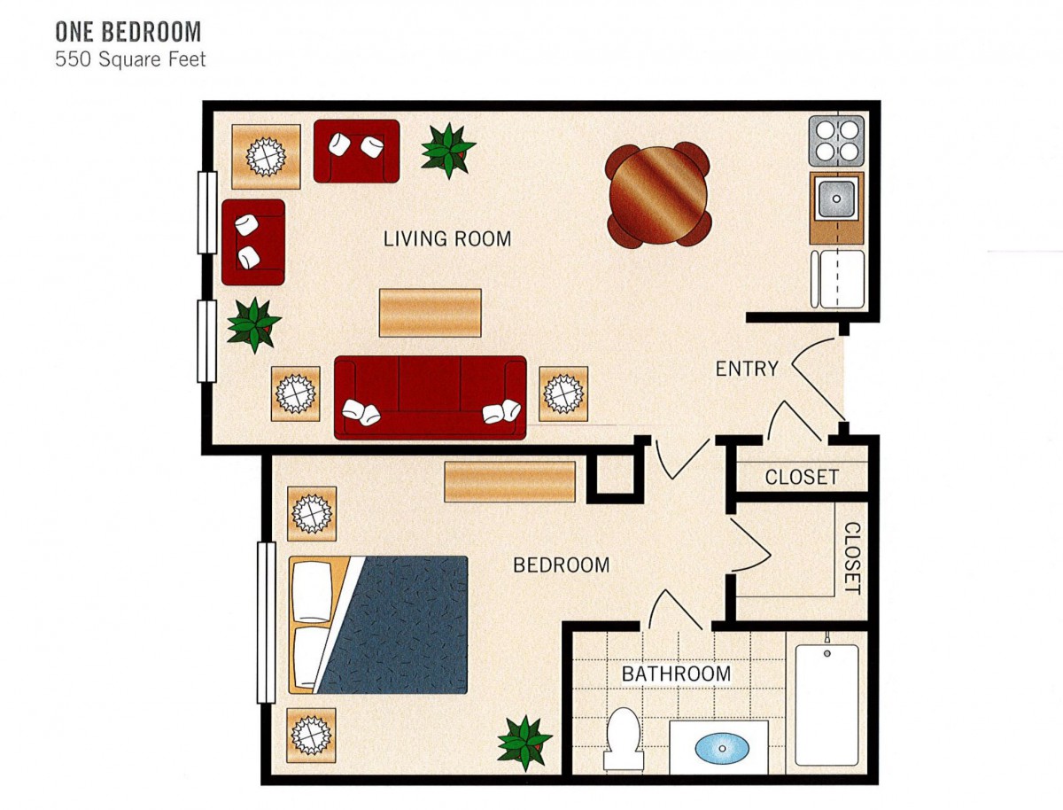 One-bedroom apartment floor plan with a living room, kitchen, bathroom, and entryway.