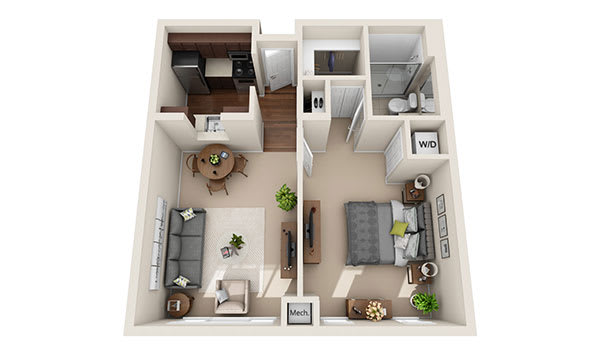 A 3D floor plan of a one-bedroom apartment with a living area, kitchen, bathroom, and bedroom.