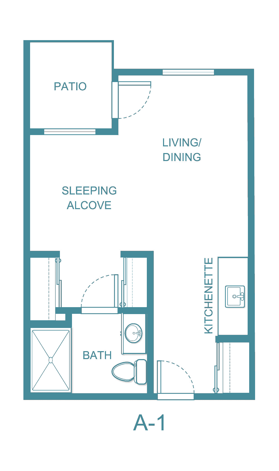 Studio apartment floor plan with a sleeping alcove, living/dining area, kitchenette, and bathroom.