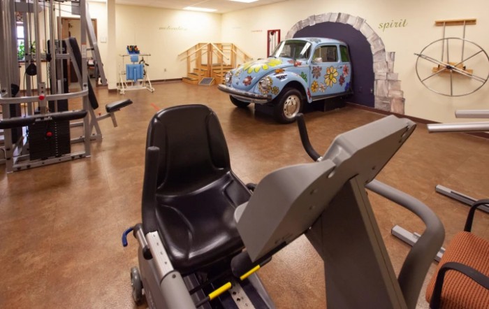A gym featuring exercise equipment and a decorative Volkswagen Beetle.