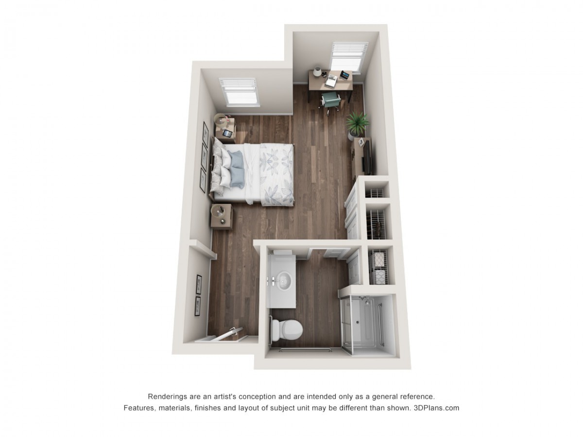 3D floor plan of a compact studio apartment featuring a bedroom, bathroom, and a small kitchen area.