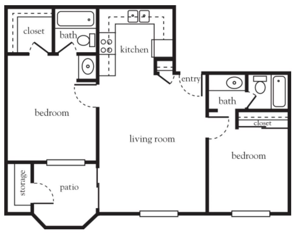 A floor plan of a two-bedroom apartment with two bathrooms, a kitchen, living room, and patio.
