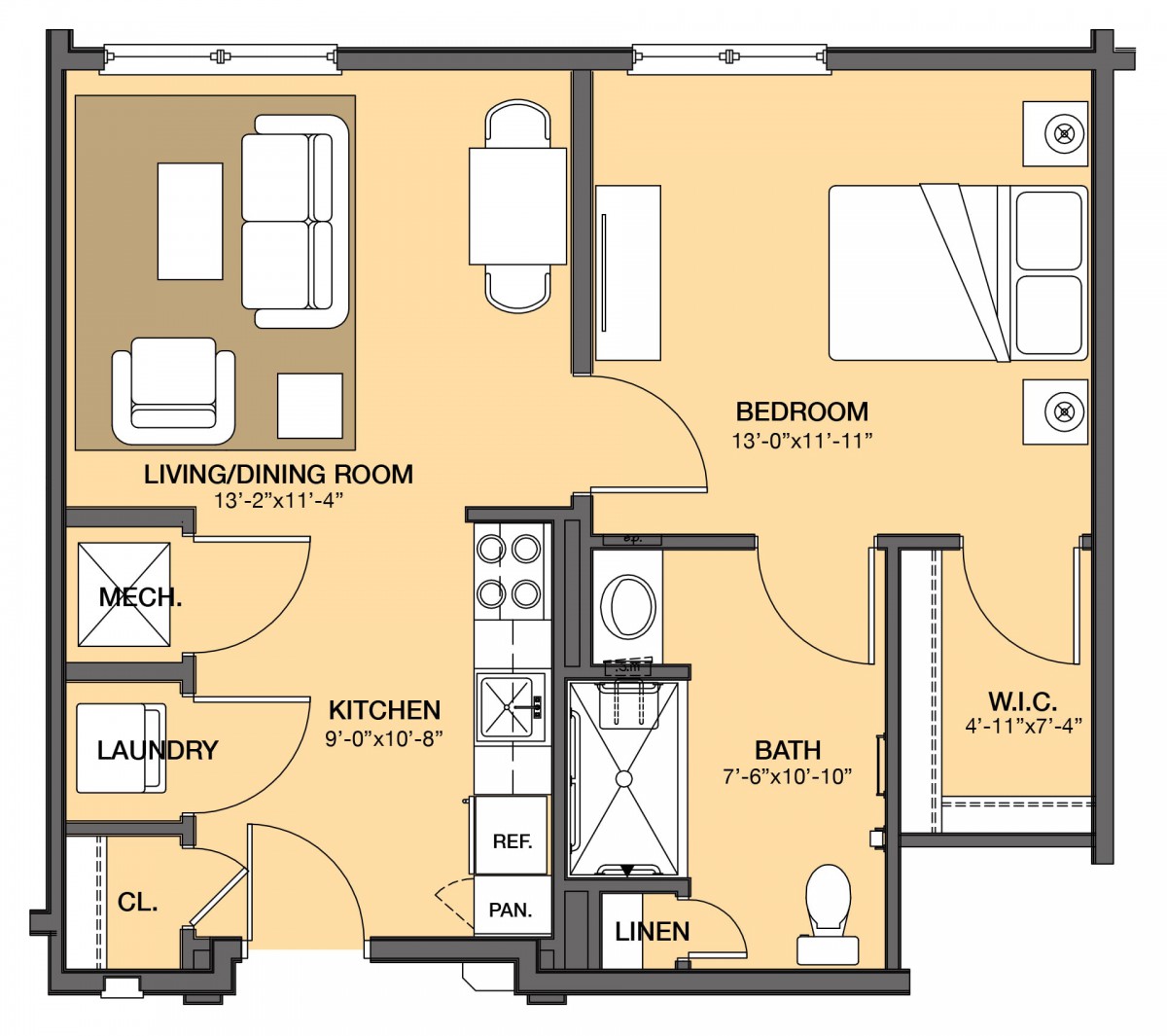 A one-bedroom apartment floor plan featuring a living room, kitchen, bathroom, laundry area, and closets.