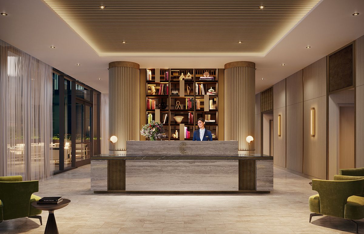 Modern hotel lobby with a reception desk and elegant interior design.