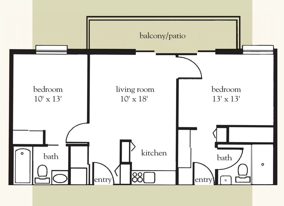 A floor plan of a two-bedroom apartment including a living room, kitchen, two bathrooms, and a balcony/patio.