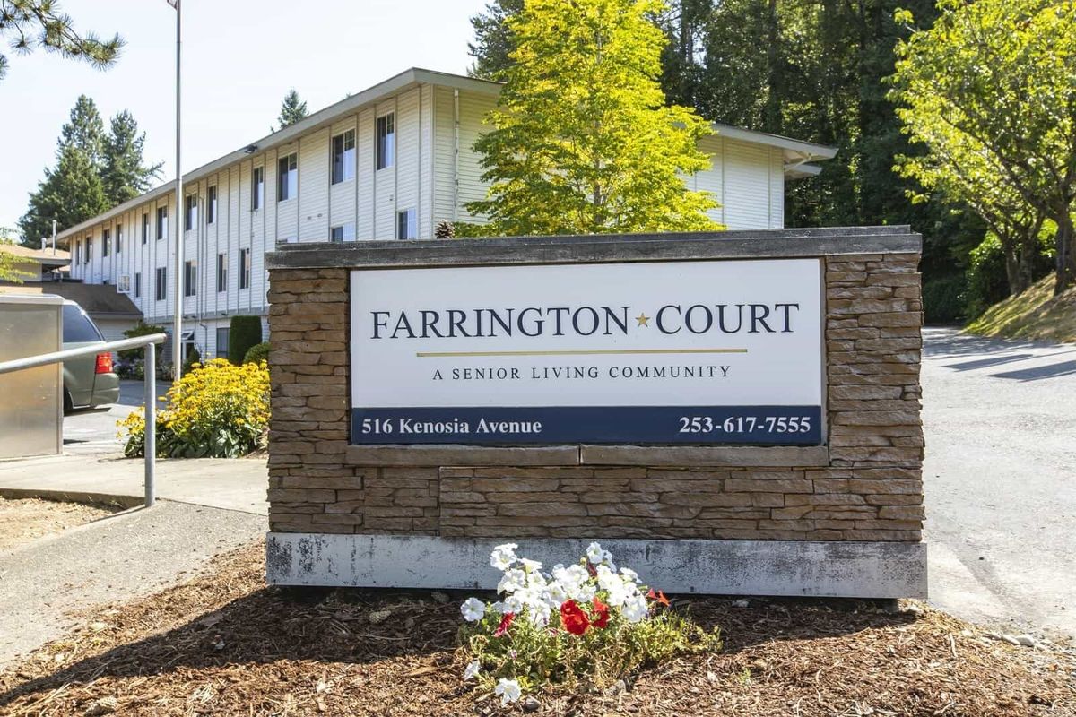 Entrance sign for Farrington Court, a senior living community.