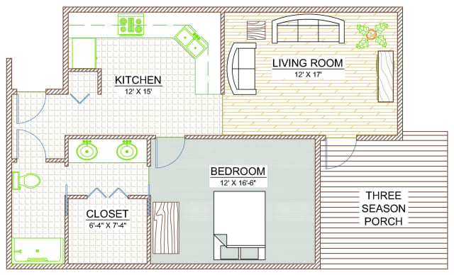 A floor plan featuring a kitchen, living room, bedroom, and closet.