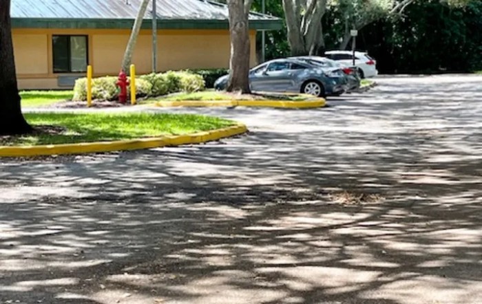 A parking lot with cars parked under the shade of trees, near a building.