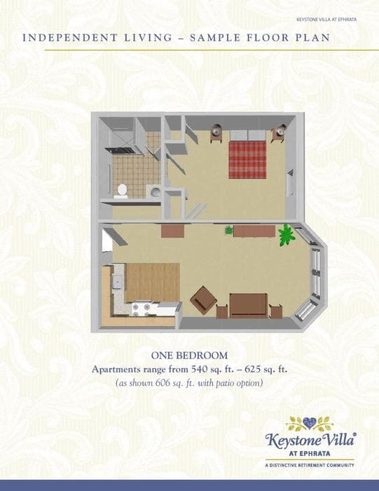 One-bedroom apartment floor plan with detailed furniture layout.
