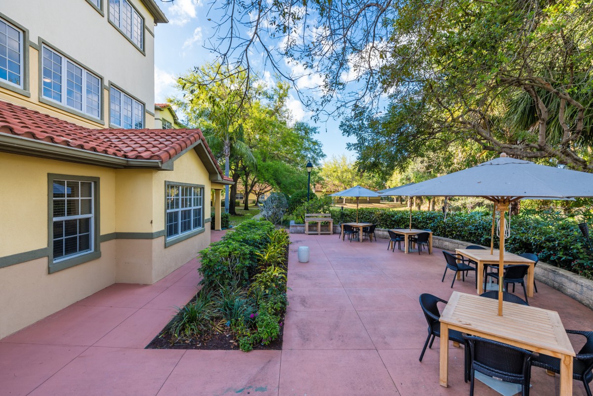 Outdoor patio area with tables and chairs shaded by trees.