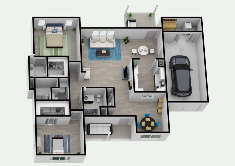 A 3D rendering of a house floor plan featuring multiple rooms, a garage, and living areas.