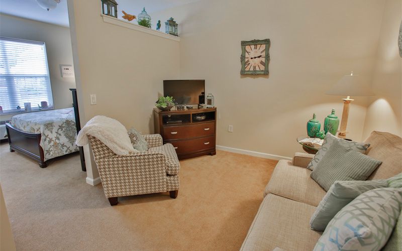 A cozy living room with comfortable seating, a TV stand, and decorative elements.