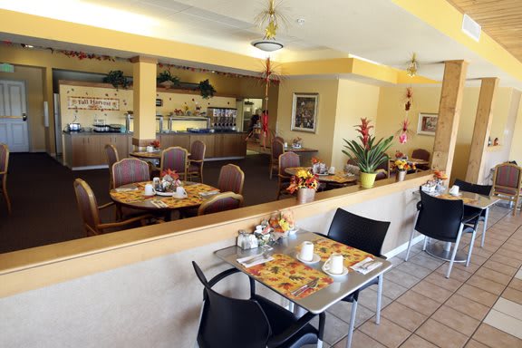 A cozy restaurant dining area with well-arranged tables and chairs, decorated with plants and colorful accents.