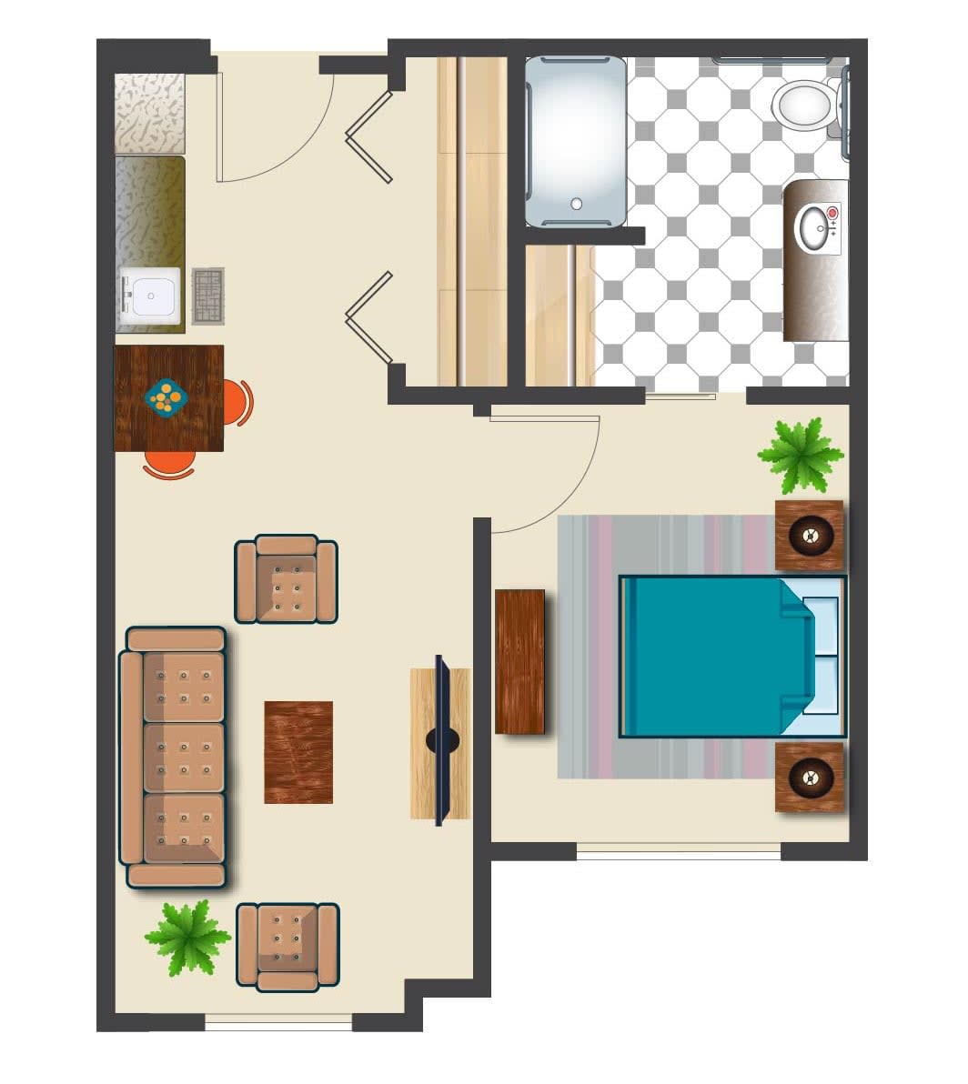 A detailed floor plan of a one-bedroom apartment, featuring a living room, bedroom, bathroom, and kitchen area.