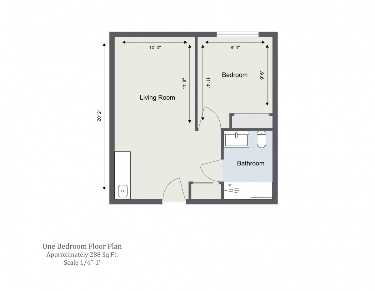 One-bedroom apartment floor plan with living room and bathroom.