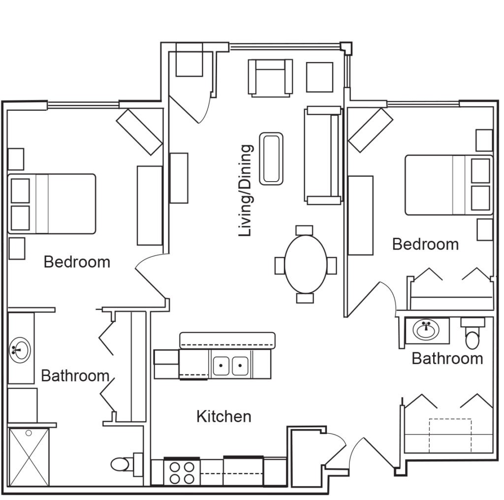 A blueprint of a two-bedroom apartment layout featuring a living/dining area, kitchen, and two bathrooms.