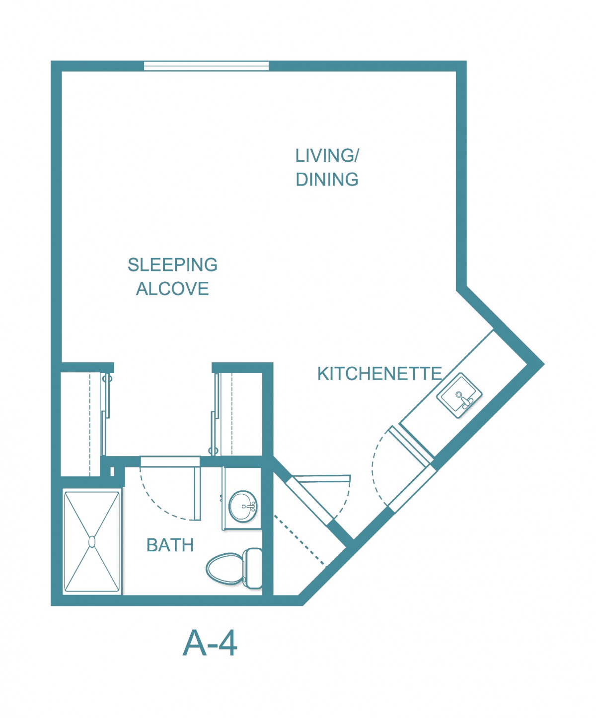 Studio apartment floor plan with sleeping alcove and kitchenette.