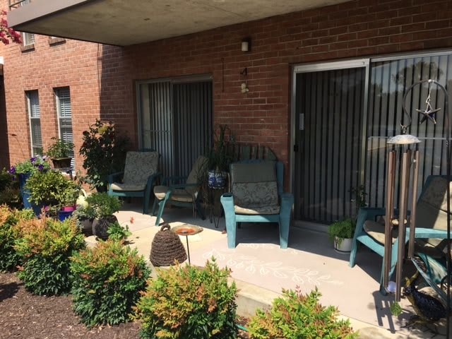 Cozy patio area with comfortable chairs and lush plants.