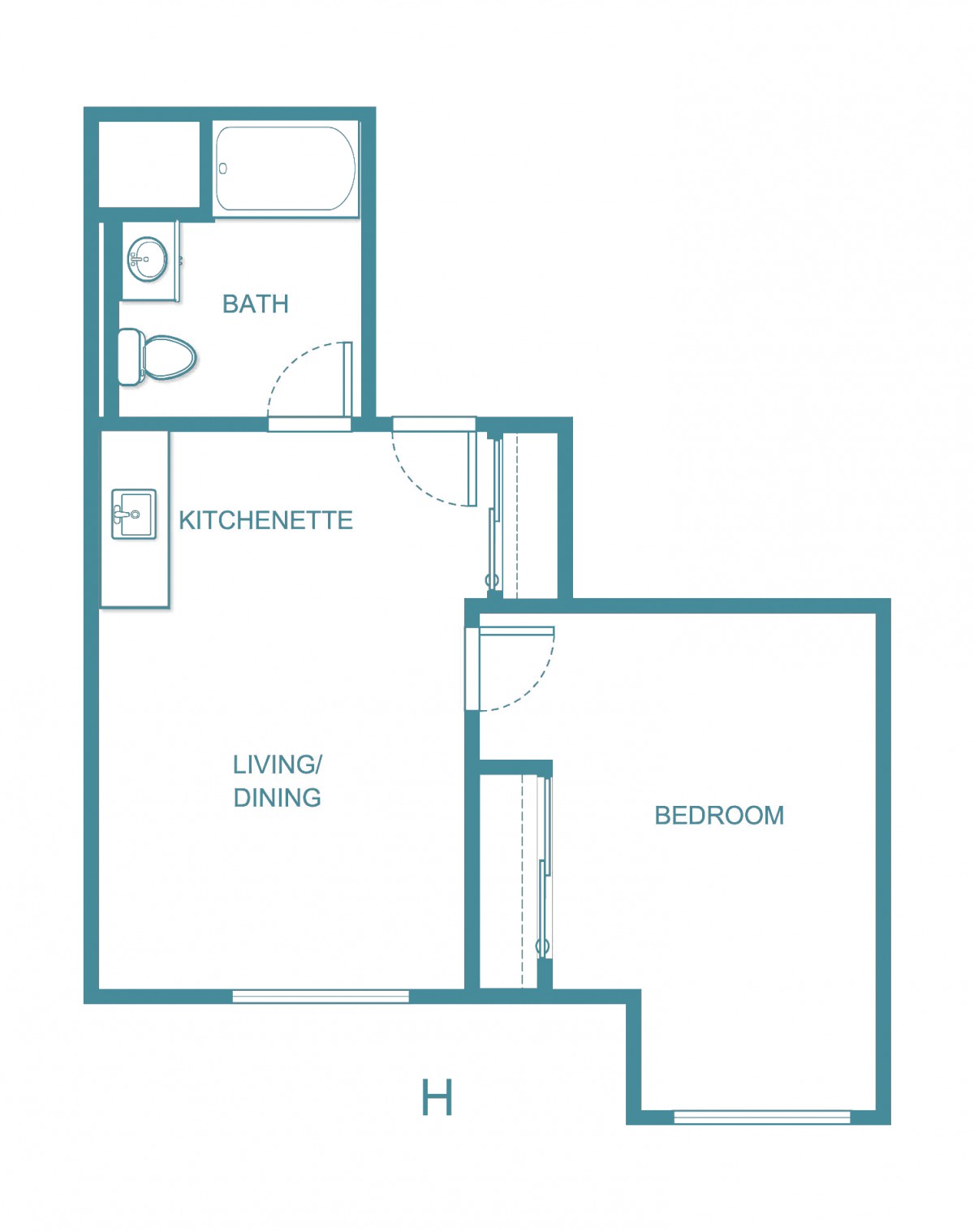 A floor plan of a small apartment featuring one bedroom, a kitchenette, living/dining area, and a bathroom.
