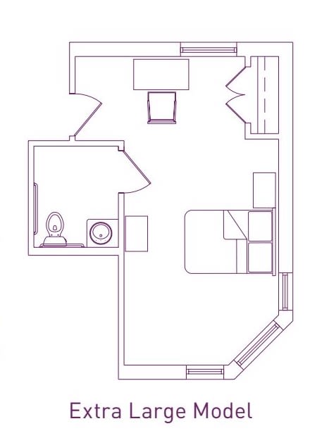 A compact apartment floor plan showing the layout of various rooms and furniture.