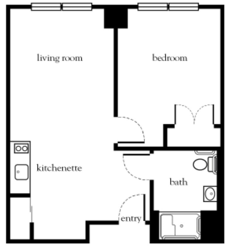 An apartment floor plan with labeled rooms including a living room, bedroom, kitchenette, and bathroom.