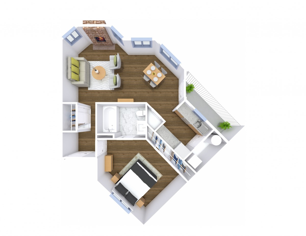 A floor plan of a modern one-bedroom apartment featuring a living room, kitchen, dining area, and bathroom.