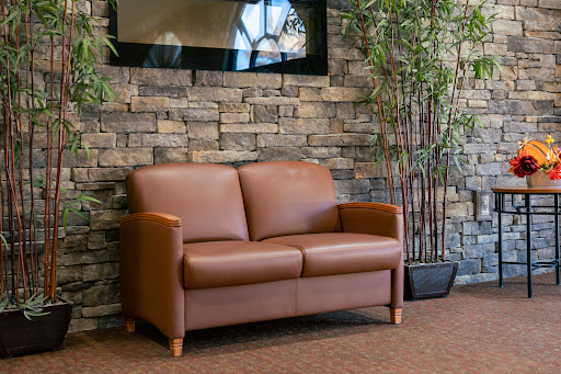 A cozy brown leather sofa against a textured stone wall, complemented by indoor plants.