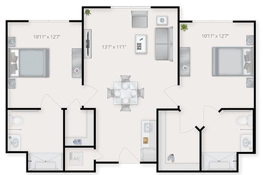 A detailed floor plan showing the layout of an apartment with multiple rooms including a kitchen, dining area, and living spaces.