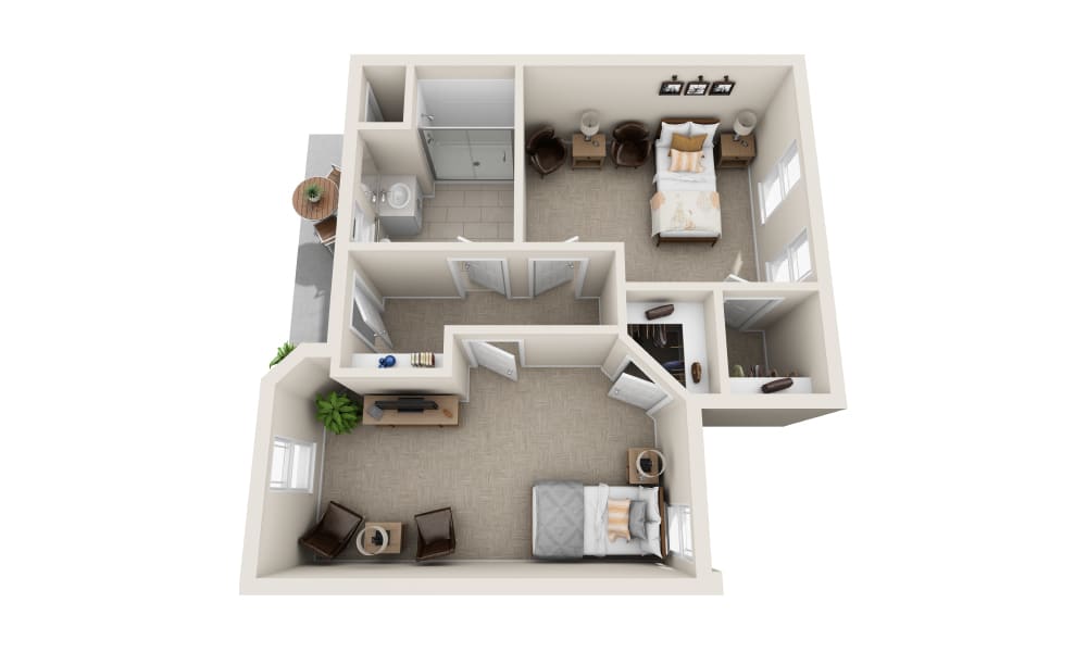 A 3D floor plan of a two-bedroom apartment with detailed furnishings.