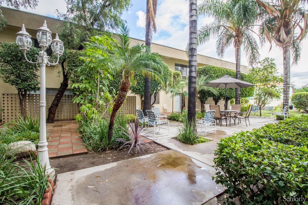 A tranquil garden patio with outdoor seating and lush greenery, featuring palm trees and a shaded area.