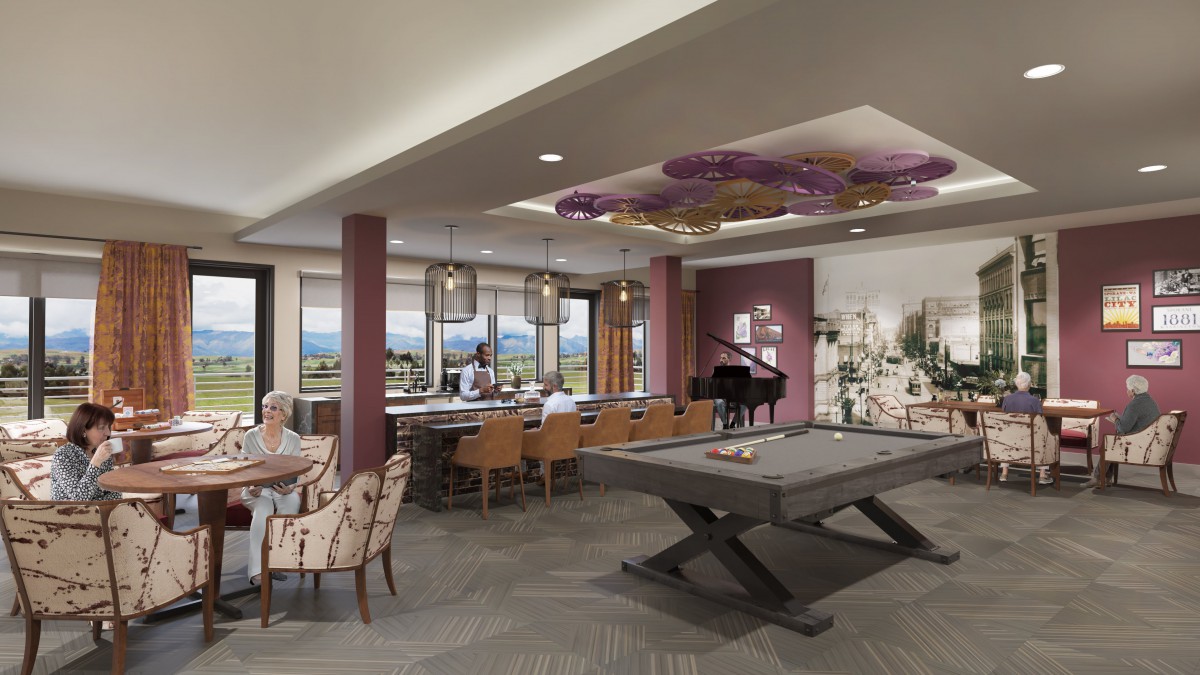 A modern living room featuring a pool table, dining area, and a piano with stylish decor.