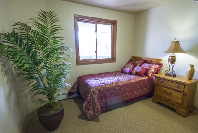 A cozy bedroom with a single bed adorned with red bedding, next to a window and a potted indoor plant.