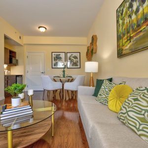 A cozy living room with a modern design featuring a comfortable sofa, decorative pillows, and vibrant artwork. The space also includes a stylish dining area and wooden flooring.