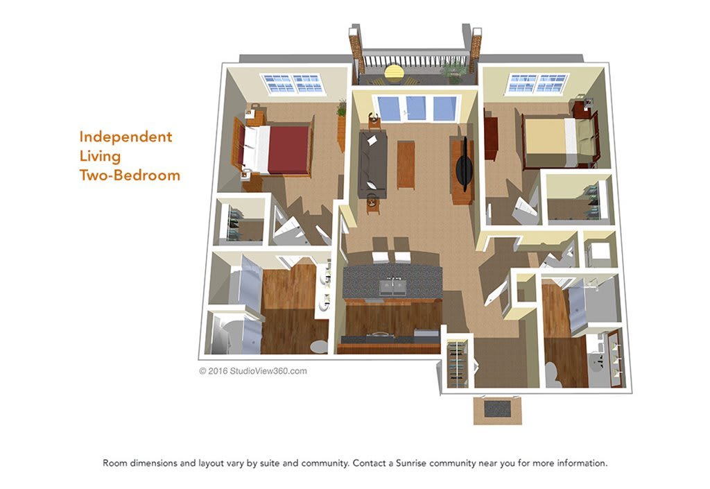 A 3D rendered floor plan of a two-bedroom apartment, showcasing an open living area and balcony.