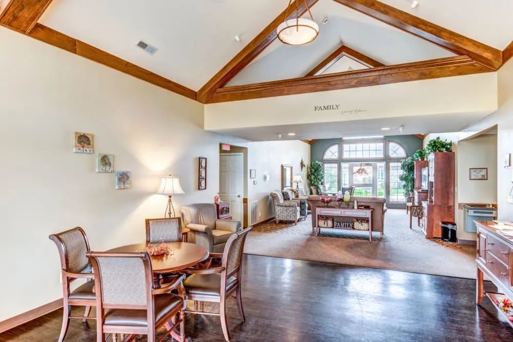 Spacious living area with vaulted ceilings and modern furnishings.