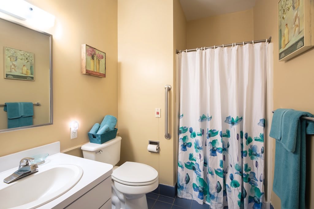 A clean bathroom with a floral shower curtain, toilet, and sink.