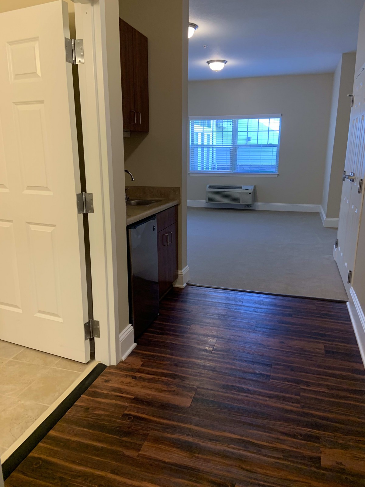 View of a modern apartment with wood and carpet flooring.
