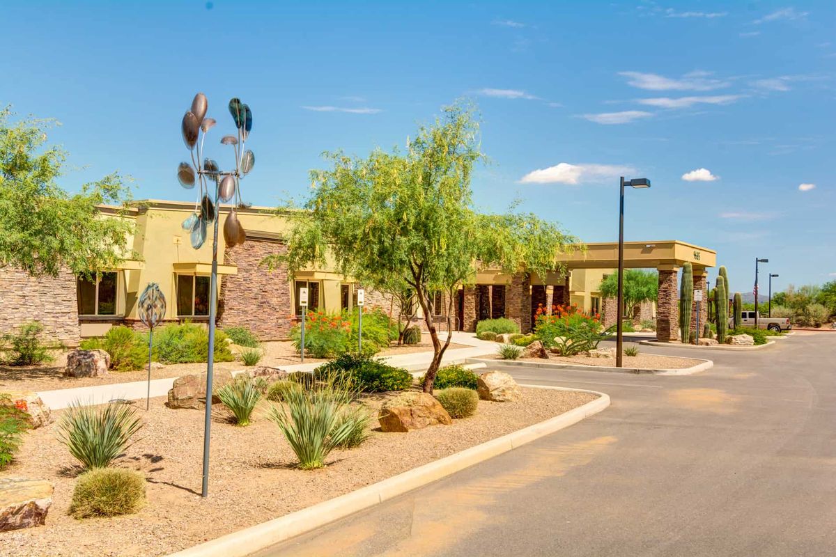 A sunny view of a desert-style building with a landscaped driveway.