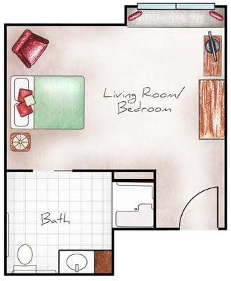 A simple floor plan of a studio apartment showing the living room, bedroom, and bathroom layout.