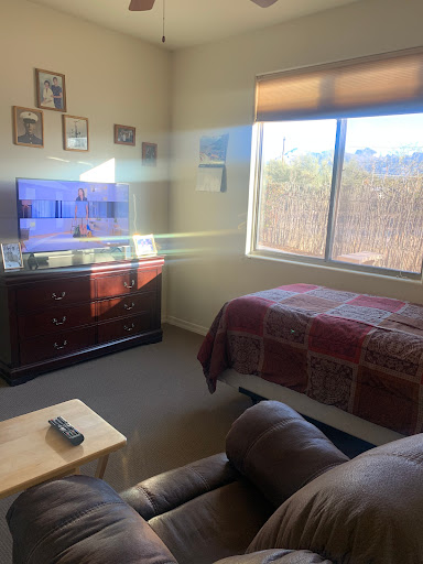 A cozy bedroom featuring a TV, comfortable bedding, and a view outside.
