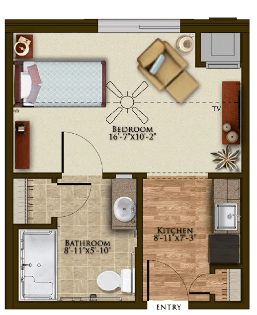 A detailed floor plan of a small apartment featuring a bedroom, bathroom, and kitchen.