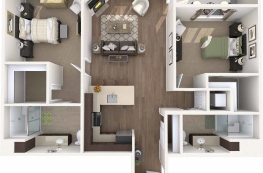 This image shows an apartment floor plan with a detailed layout of rooms and furniture.
