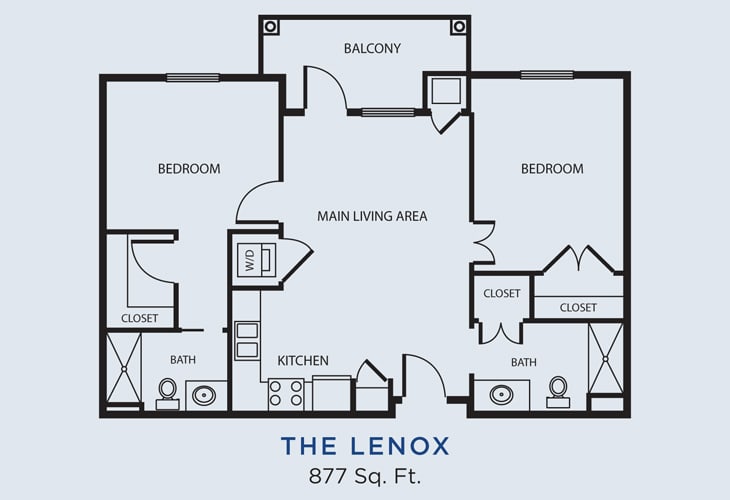 The Lenox apartment floor plan, measuring 877 square feet, featuring two bedrooms, two bathrooms, a kitchen, and a living/dining area.
