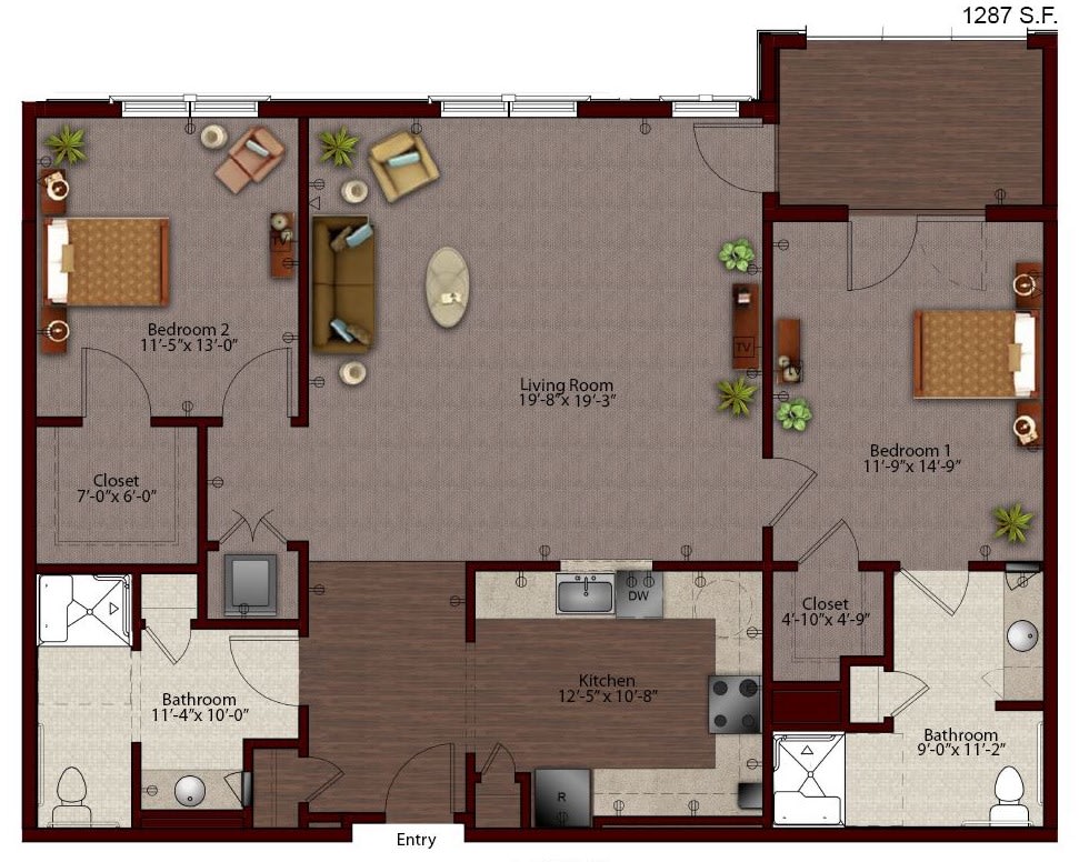 A detailed floor plan of an apartment showing room layouts and furniture placement.