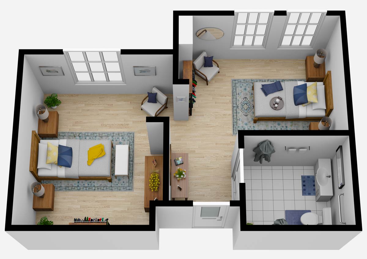 A 3D floor plan of an apartment featuring two bedrooms and a shared bathroom.
