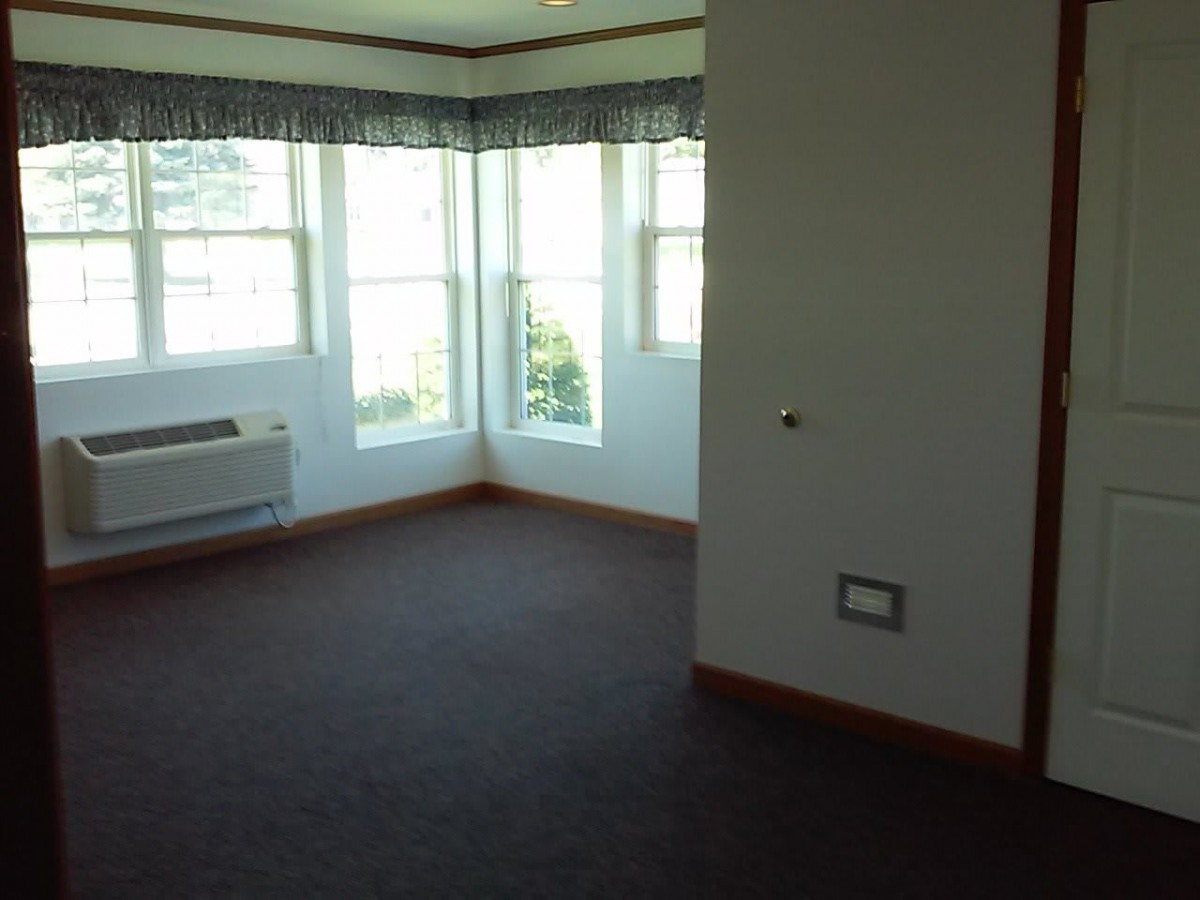 A bright, empty room with carpeted flooring and large windows letting in natural light.