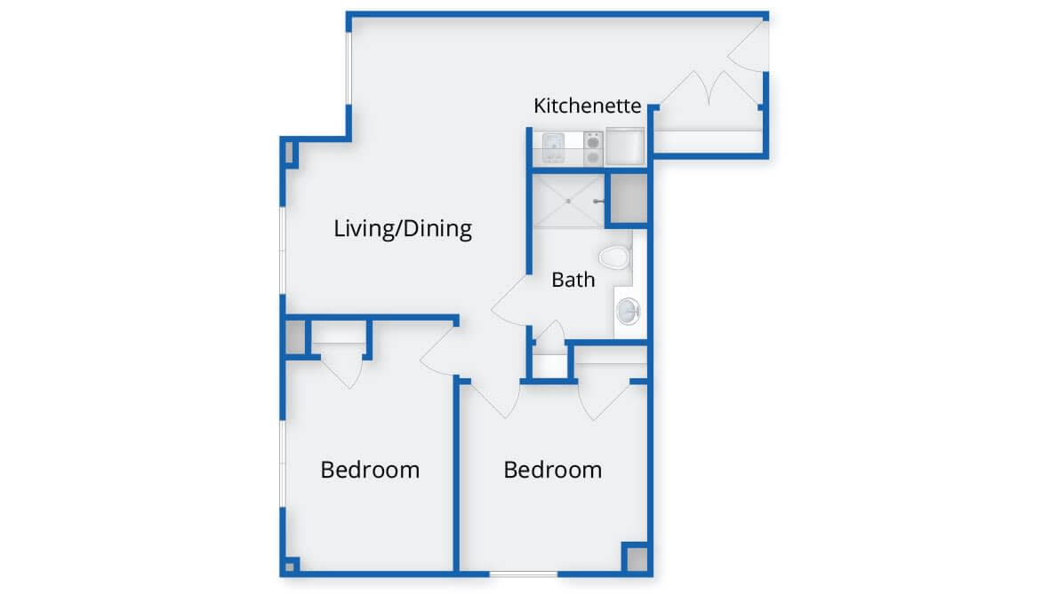 Blueprint of a two-bedroom apartment with a kitchenette, living/dining area, and bathroom.