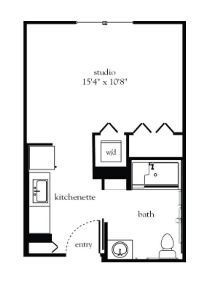 Floor plan of a studio apartment with kitchenette and bathroom.