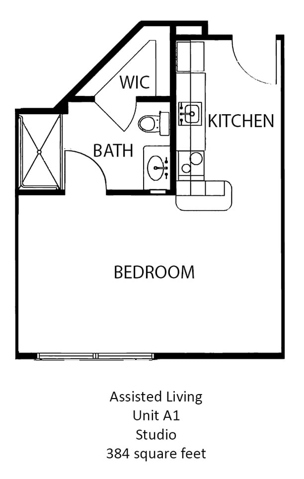 Studio apartment floor plan with a bedroom, kitchen, and bathroom.