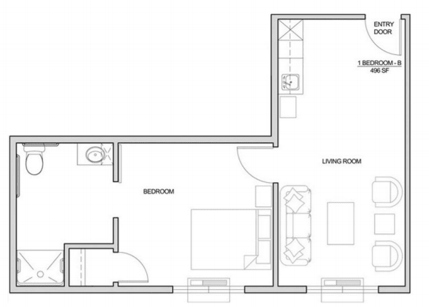 A floor plan of an apartment showing the layout of rooms and furniture.